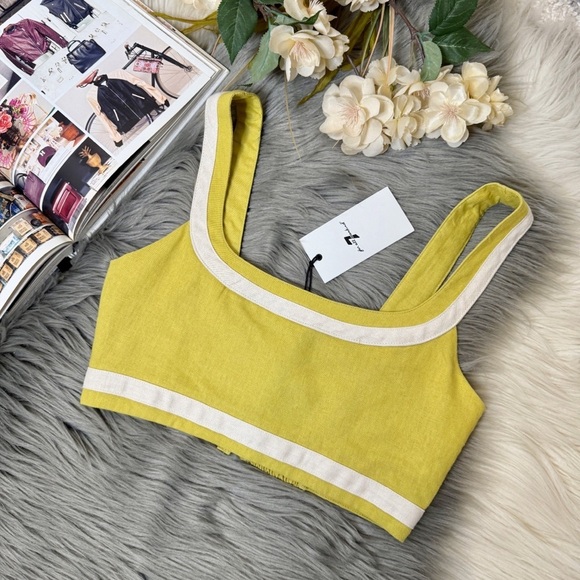NEW 7 For All Mankind Yellow Linen Piped Cropped Women’s Smocked Back Top Sz XS - Picture 1 of 9